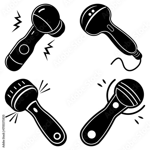 Four black and white microphones in various styles and orientations on a white background design vector