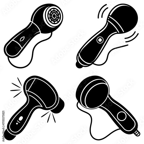 Illustration showing four different black and white handheld massagers with various designs and features
