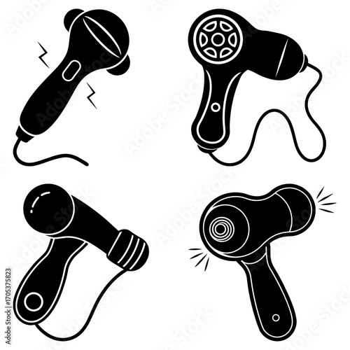 Illustration of four different massage devices with varying designs and features in black and white