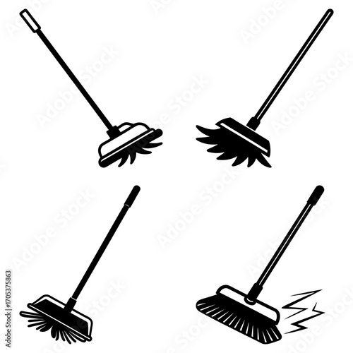 Illustration showing four different styles of brooms with long handles and cleaning heads in black and white