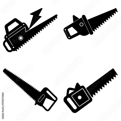 Collection of four black and white saw icons with different handle and blade designs on a white background