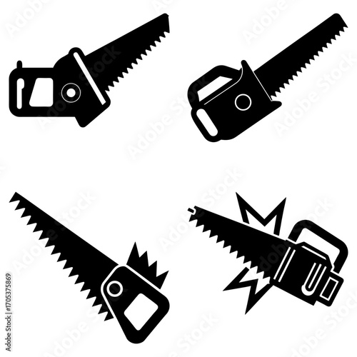 Four black and white saw illustrations showcasing different saw designs and cutting motions in the image set