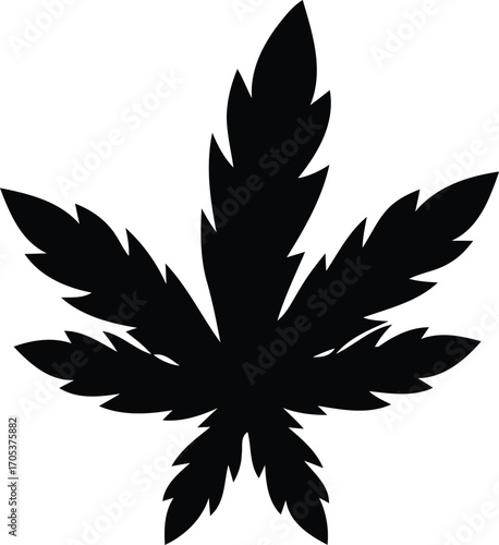 Silhouette of a cannabis leaf with seven points, black on white.