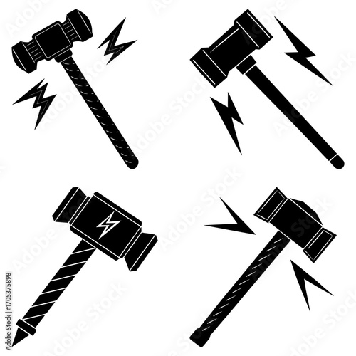 Four black silhouette illustrations of hammers with lightning bolts emanating from each hammer head design