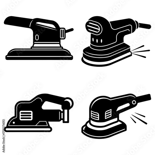 Four black and white illustrations depicting different types of power sanders for woodworking tasks