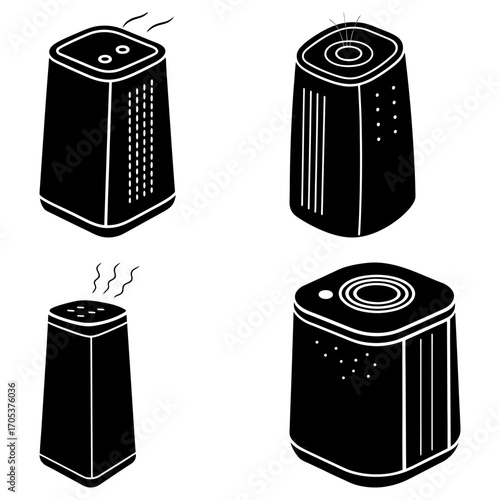 Illustration of four black air purifiers with different designs and steam coming from the top vents