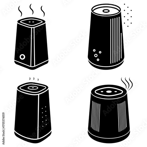 Four black and white illustrations of different humidifier designs with steam coming out of the top vents