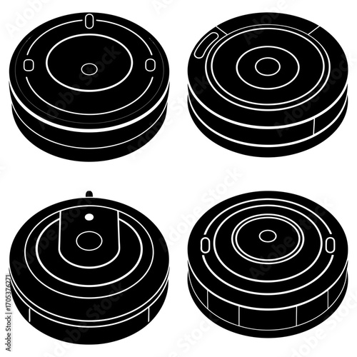 Four black and white robot vacuum cleaners displayed in a grid pattern on a white background view from above
