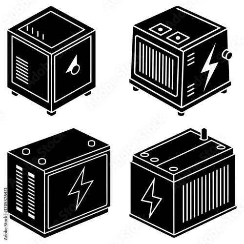 Isometric view of four black and white electrical boxes with lightning bolt and vent details drawn in line art