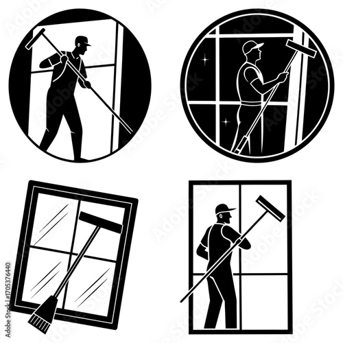 Illustrations of window washers cleaning windows with squeegees in various circular and square frames