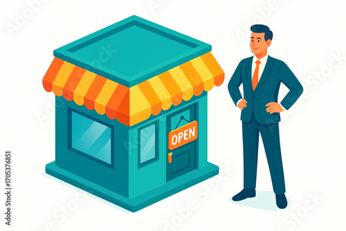 Confident business owner stands proudly in front of his open shop ready for customers today