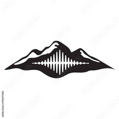 mountain range with a sound wave vector logo, a creative symbol of music, audio, and nature for a festival or podcast brand icon.