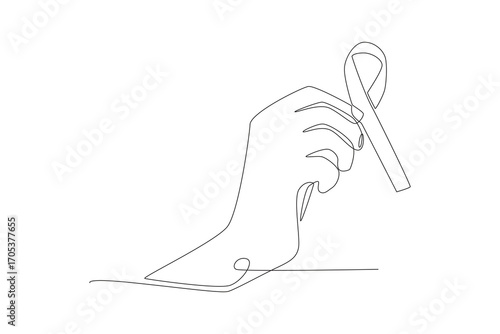 Hand holding a red ribbon. World aids day concept one-line drawing