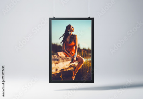 Minimalist Vertical Poster Mockup Hanging from Wires