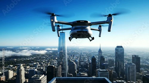 A futuristic silver passenger drone an eVTOL air taxi takes off vertically from a skyscraper helipad flying over a modern city skyline showcasing urban air mobility.