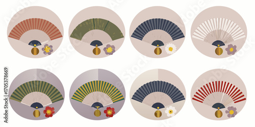 Collection of eight decorative japanese folding fans with floral accents and subtle backgrounds