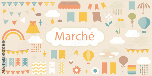 Whimsical market themed illustration with bunting rainbows clouds and balloons