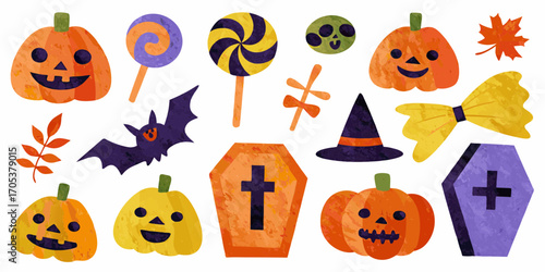 Collection of cute hand drawn halloween elements including pumpkins bats coffins and candies