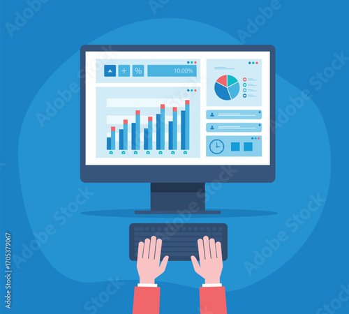 flat vector business people hand working on computer. and design concept business data analytics  with report graph moniter. and business finance investment growth concept