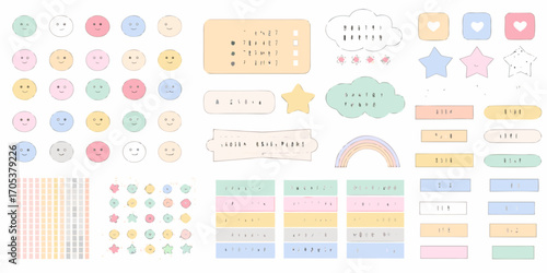 Collection of cute pastel hand drawn doodles and icons for journaling and scrapbooking