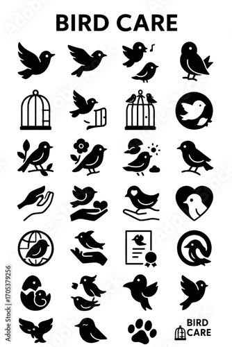 A simple collection of black glyph icons representing bird care, animal welfare, and wildlife conservation symbols