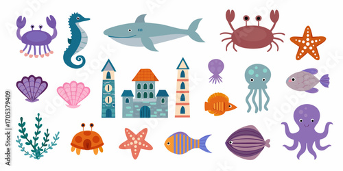 Collection of cute cartoon sea creatures and underwater elements with a castle and aquatic plants