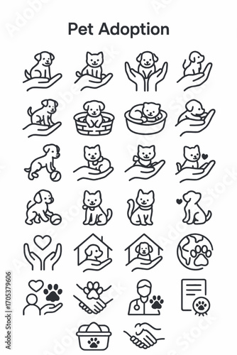 Pet care and animal adoption outline icon collection, a set of thin line symbols for charity and veterinary services