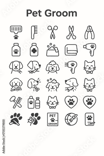 Vector line icon set illustrating essential animal hygiene and pet grooming services for dog and cat wellness care
