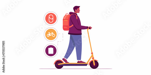 Man riding an electric scooter with icons representing transportation options and battery charge