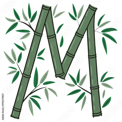 A stylized letter M made from two green bamboo stalks. The stalks are shown with several leaves branching out from them. The illustration is set against a plain white background.