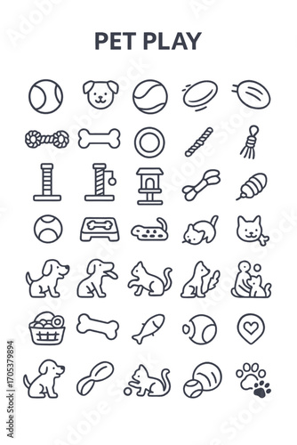 Set of minimalist line icons for pet care and animal play, featuring dog and cat symbols, toys, and accessories for veterinary or pet shop designs