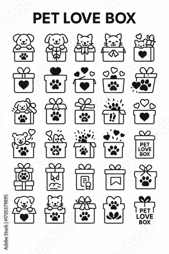 A simple icon set featuring cute dogs and cats in gift boxes, representing themes of pet adoption, animal shelter donations, and love for pets