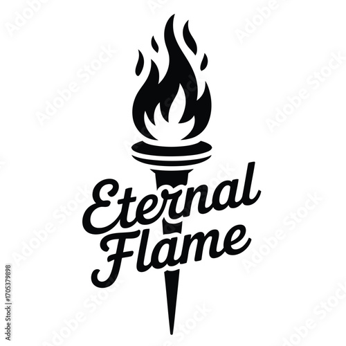 Black vector illustration of a stylized flame torch with Eternal Flame text, symbolizing remembrance, memory, and tribute on white background