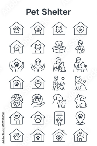 Animal welfare and pet adoption concept illustrated with a collection of thin line icons for charity and rescue organizations