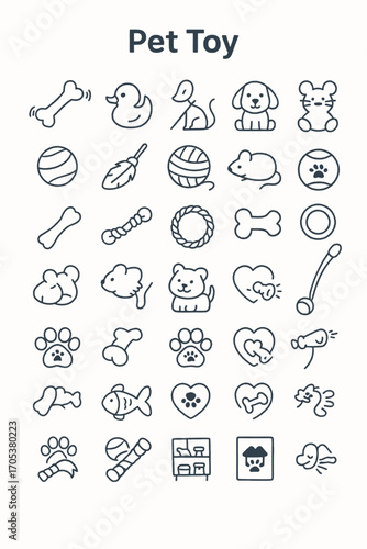 Pet care and playtime essentials icon set for dogs and cats, featuring various toys and accessories for animal companionship