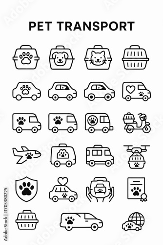 A comprehensive collection of line icons illustrating pet transport services, showing vehicle mobility, animal carrier safety, and travel logistics