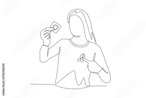 Woman pointing at red ribbon and holding condom. World aids day concept one-line drawing