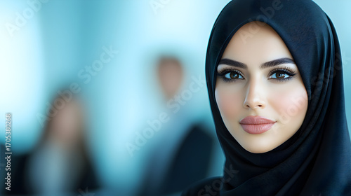 Arabian Businesswoman in office with Businesspeople meeting in the background, Arabian woman wearing Hijab in office with her colleagues in background