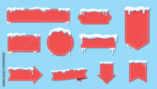 Christmas snow buttons, set of Christmas and New Year red banners with snow caps.vector illustration