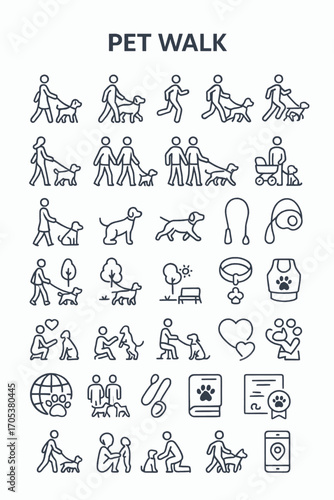 A comprehensive set of thin line icons depicting dog walking, pet care, and animal companionship for web and mobile app design