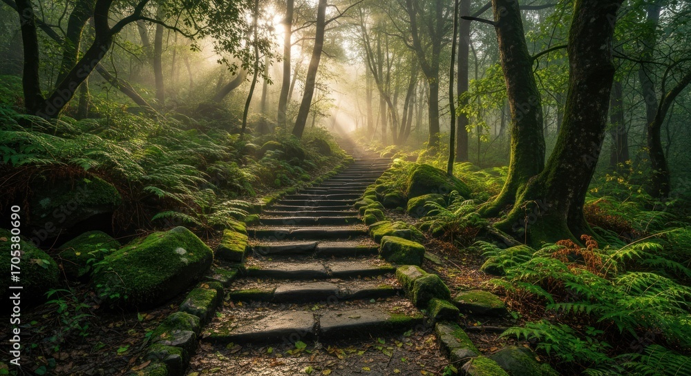 Obraz premium Ancient stone steps ascend through misty forest. Sunlight streams through trees