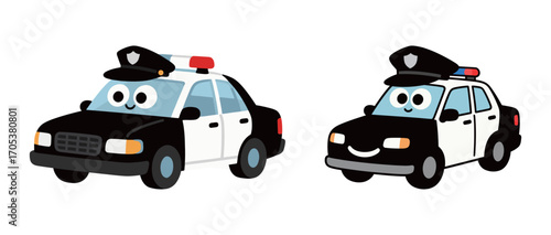 Two cute police car cartoon characters with happy faces and hats.