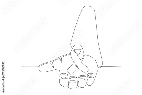 Hand holding a red ribbon. World aids day concept one-line drawing