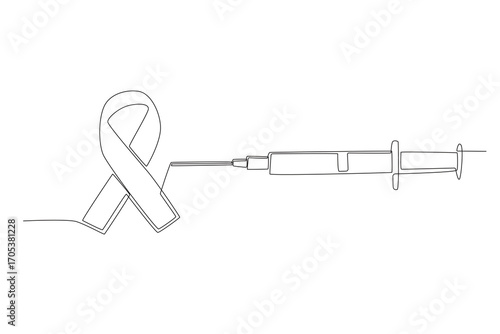 Injections and red ribbons. World aids day concept one-line drawing