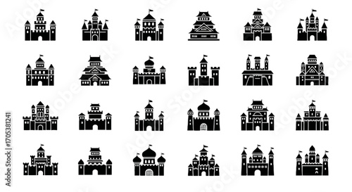 Flat black medieval castles icon set on a white background