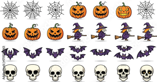 Collection of halloween elements, including pumpkins, witches, bats, spiderwebs, and skulls for a spooky theme