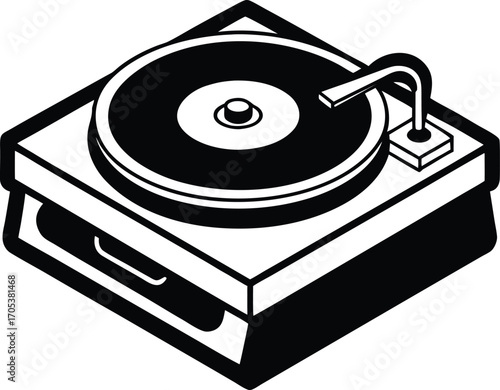 Isometric Illustration of a Classic Turntable Record Player with Vintage Aesthetic and Retro Charm in Black and White