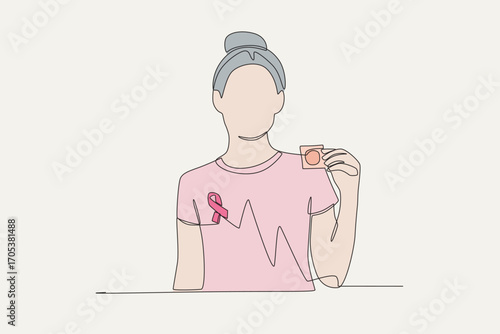 Colored woman holding red ribbon and condom. World aids day concept one-line drawing