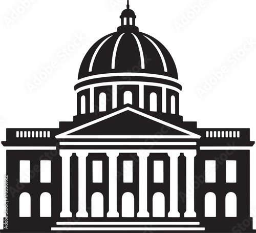 Detailed Silhouette of a Government Building with Dome and Columns Against Transparent Backdrop