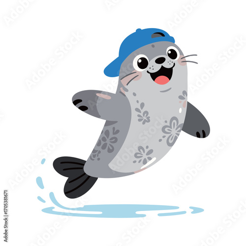 Cute sea lion cartoon character with a happy face, leaping out of the water.